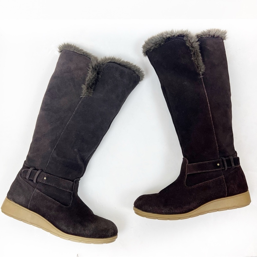 Lands End Mendota Suede Tall Boots Faux Fur 7 Leather Chocolate Brown Cabincore